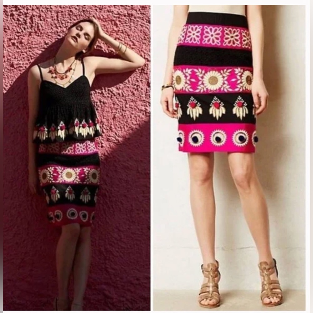 Anthropologie Leifsdottir Catrina Embroidered Embellished Pom Pom Pencil Skirt